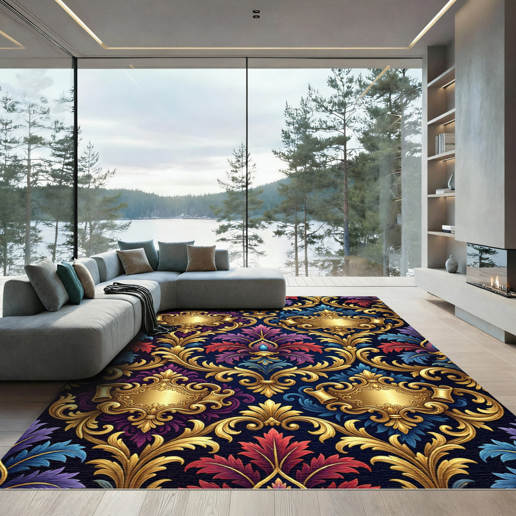 Regal Gold Damask Navy Scroll Foliage Rug