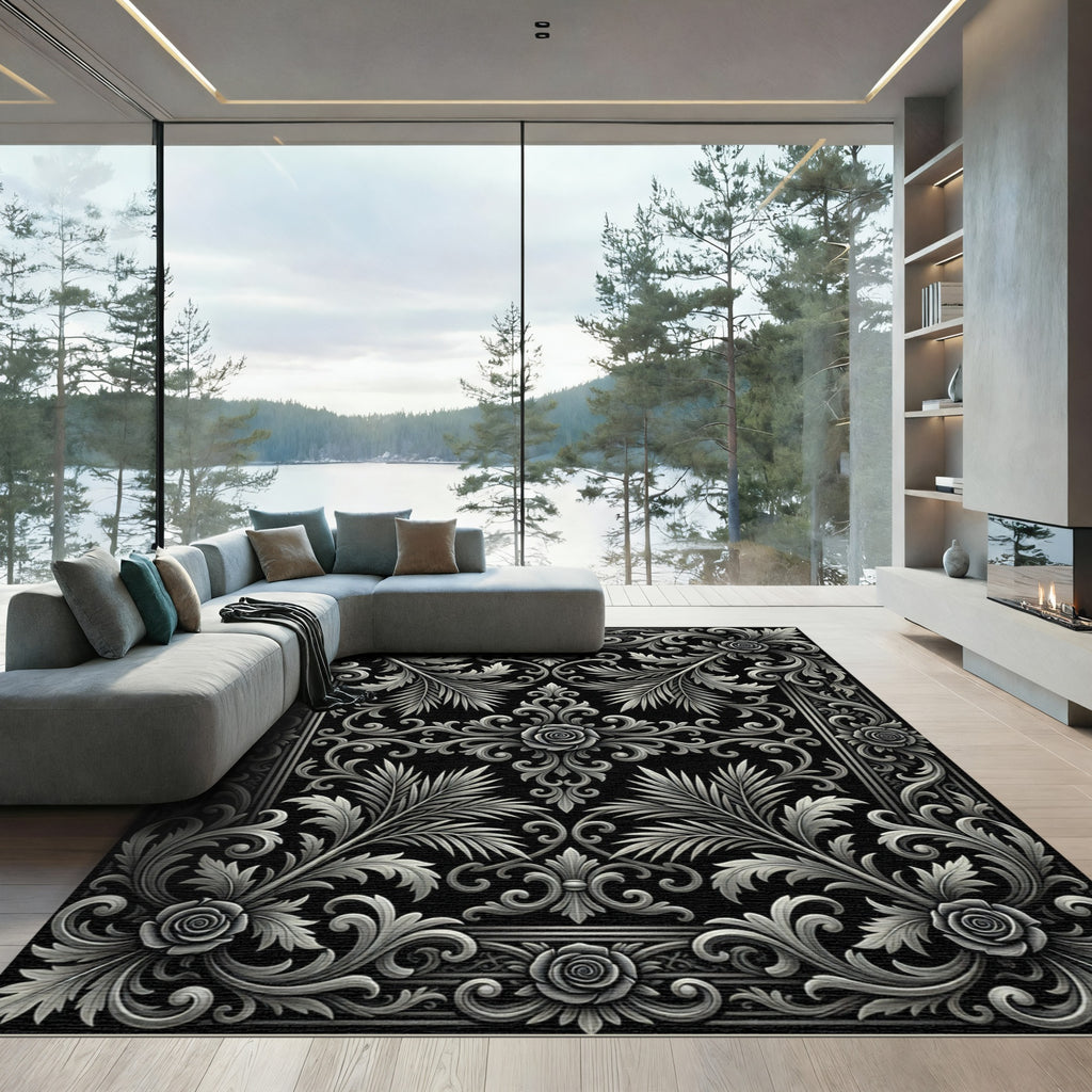 Ornate Silver Floral Swirl Border Rug