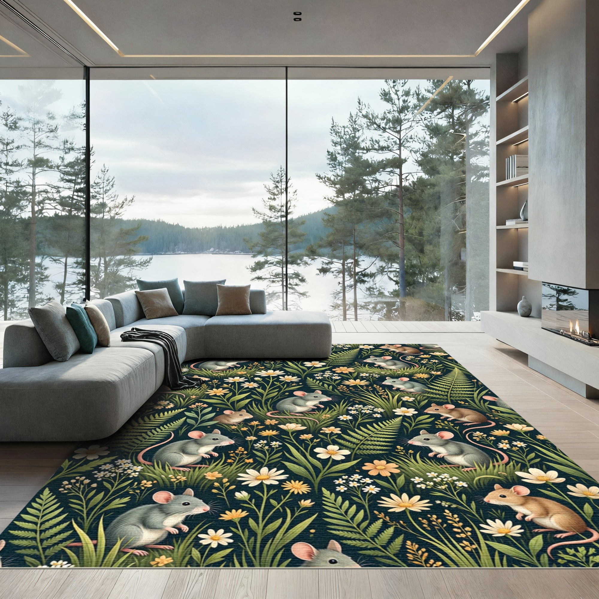 Whimsical Mice and Meadow Flower Field Rug