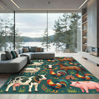 Charming Farm Animal Forest Green Illustration Rug