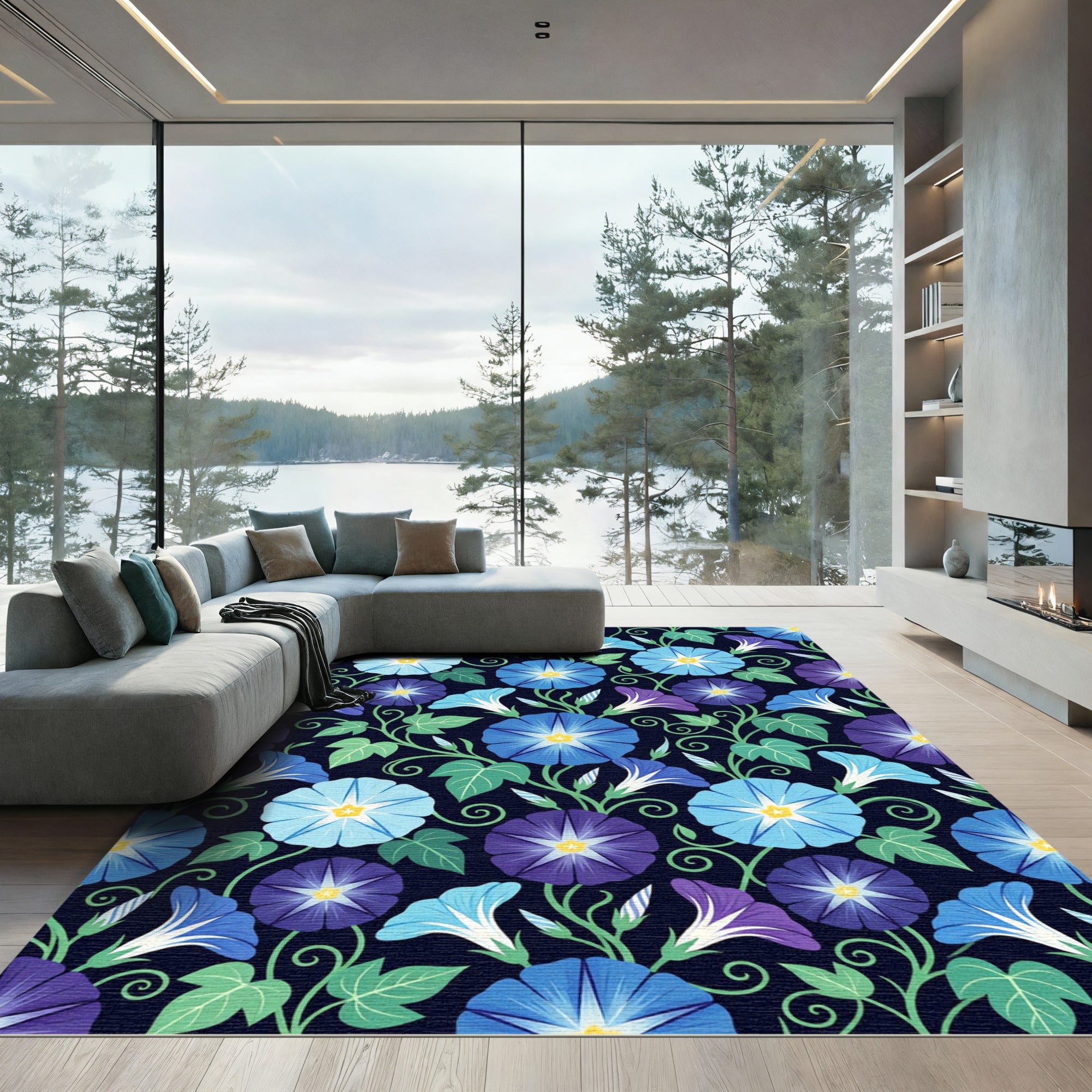 Vibrant Blue Morning Glory Botanical Rug