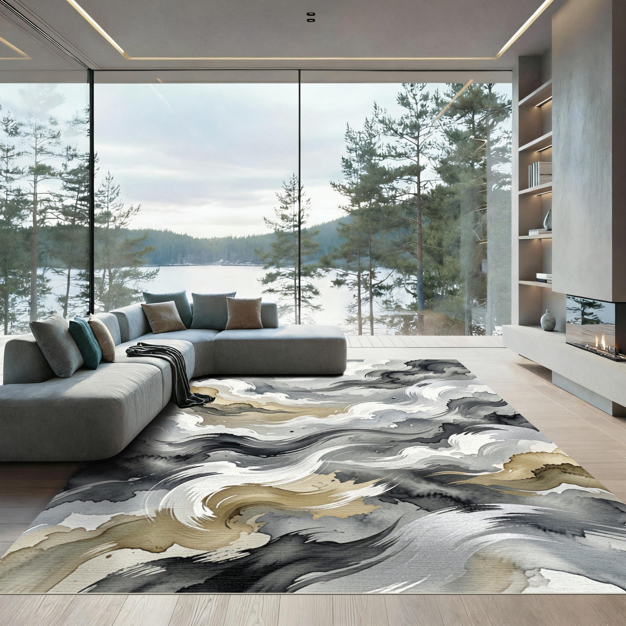 Abstract Monochrome Gold Ink Wave Rug