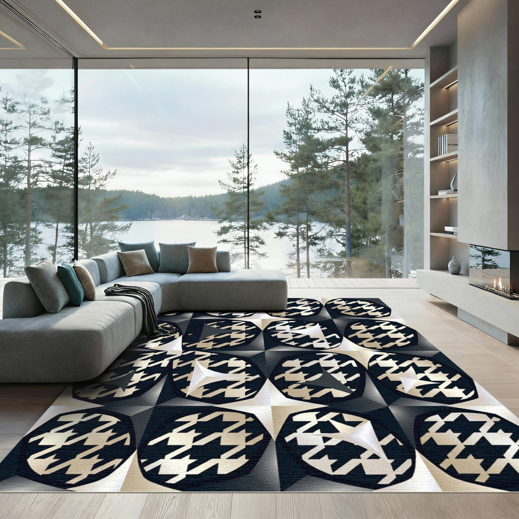 Monochrome Geometric Houndstooth Abstract Art Rug