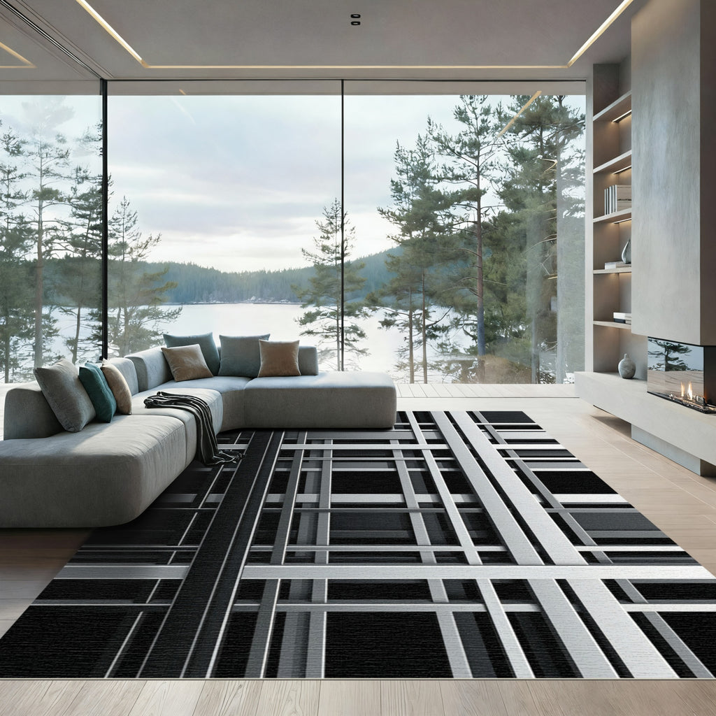 Sophisticated Monochrome Geometric Linear Grid Rug