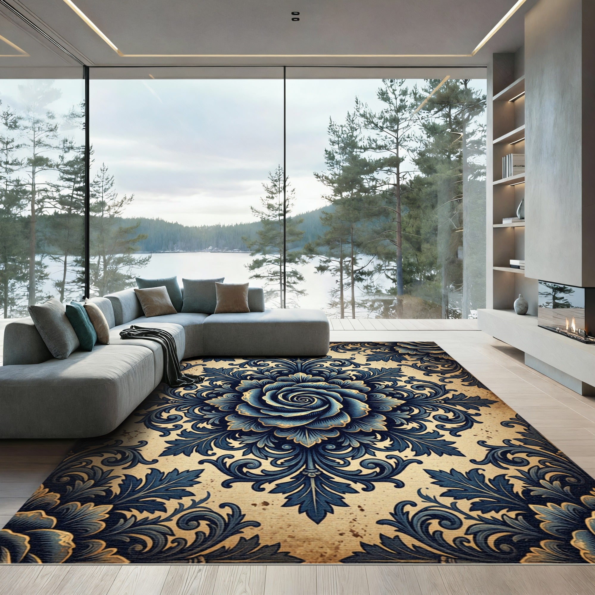 Ornate Navy Rose Damask Medallion Rug