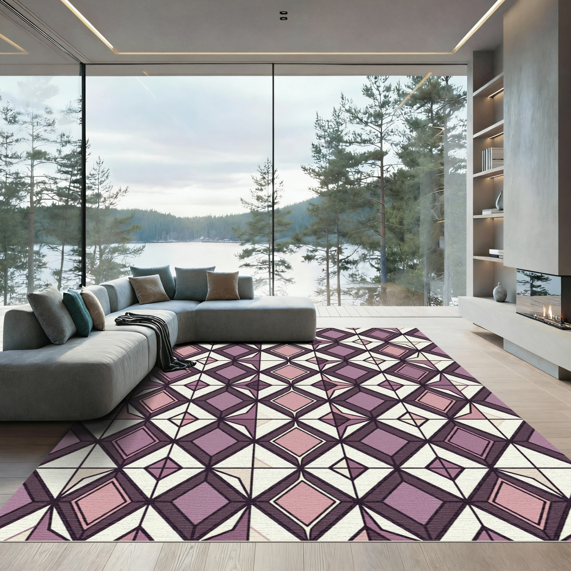 Plum and Blush Geometric Diamond Lattice Rug