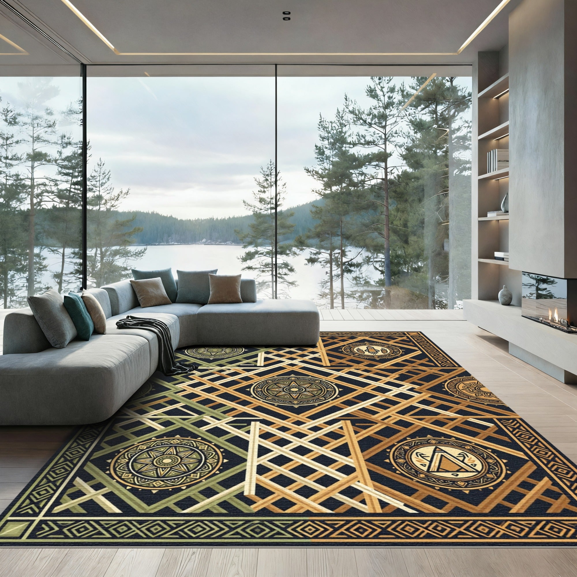 Earthy Geometric Medallion Intersecting Lines Rug