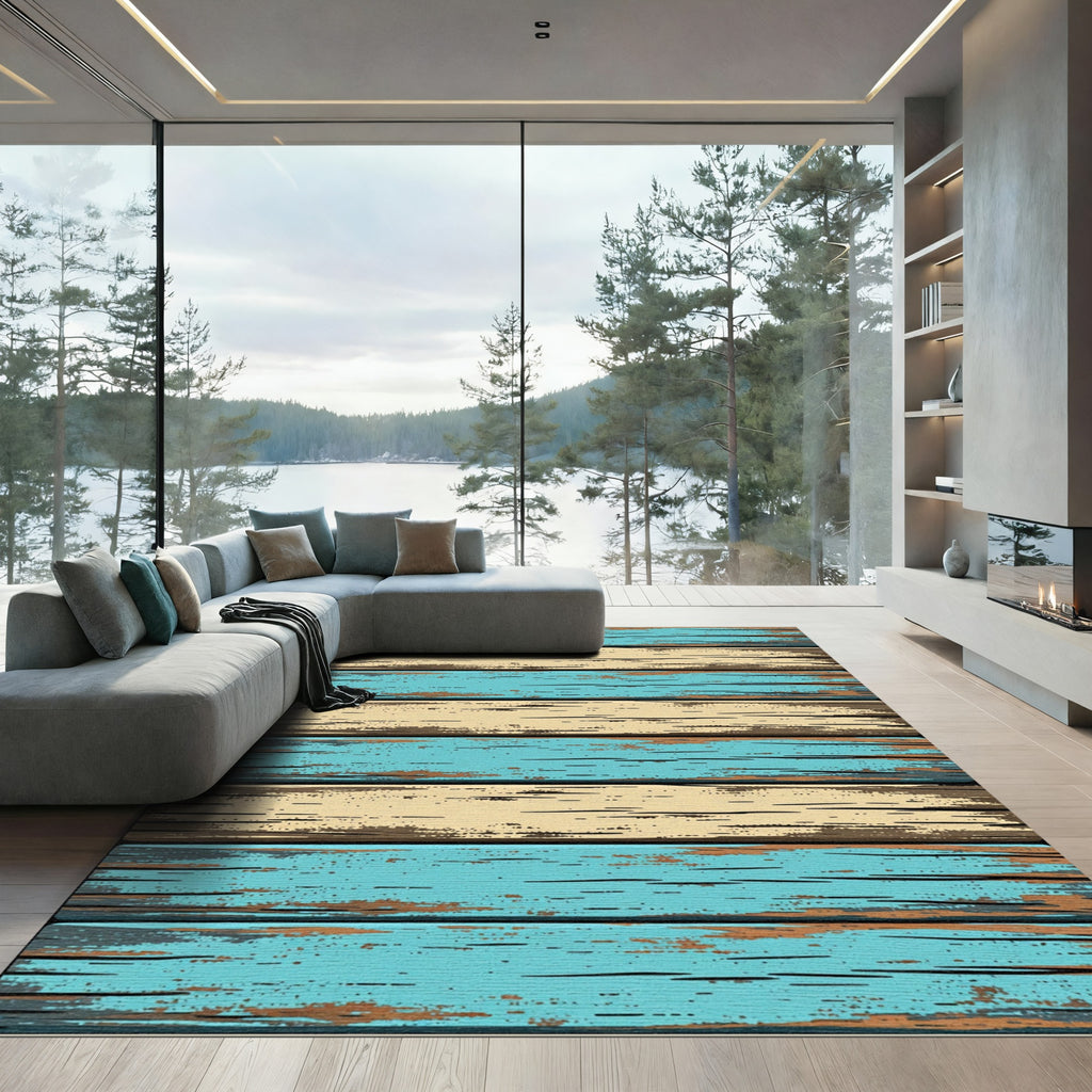 Distressed Coastal Blue Wood Plank Rug