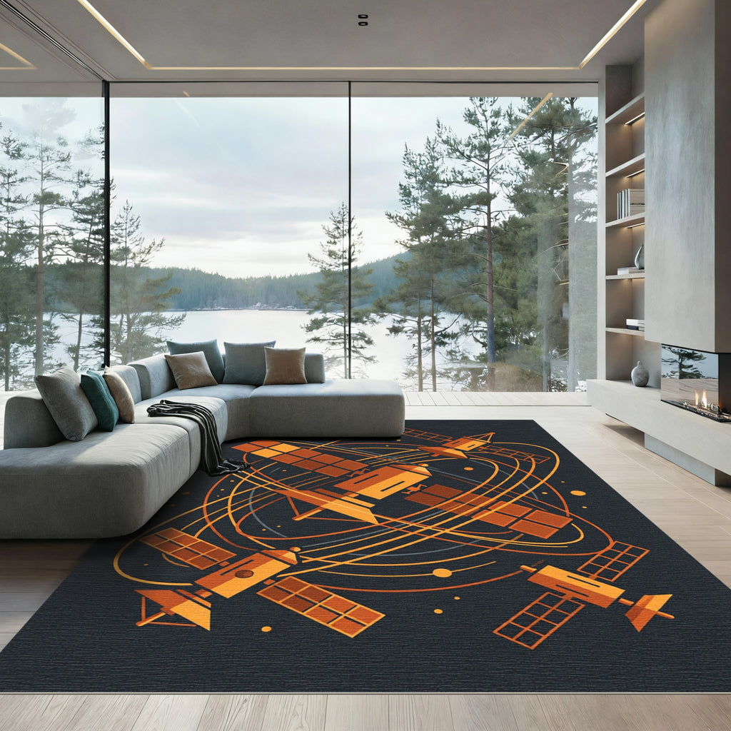 Orange Space Satellites Orbiting Rug