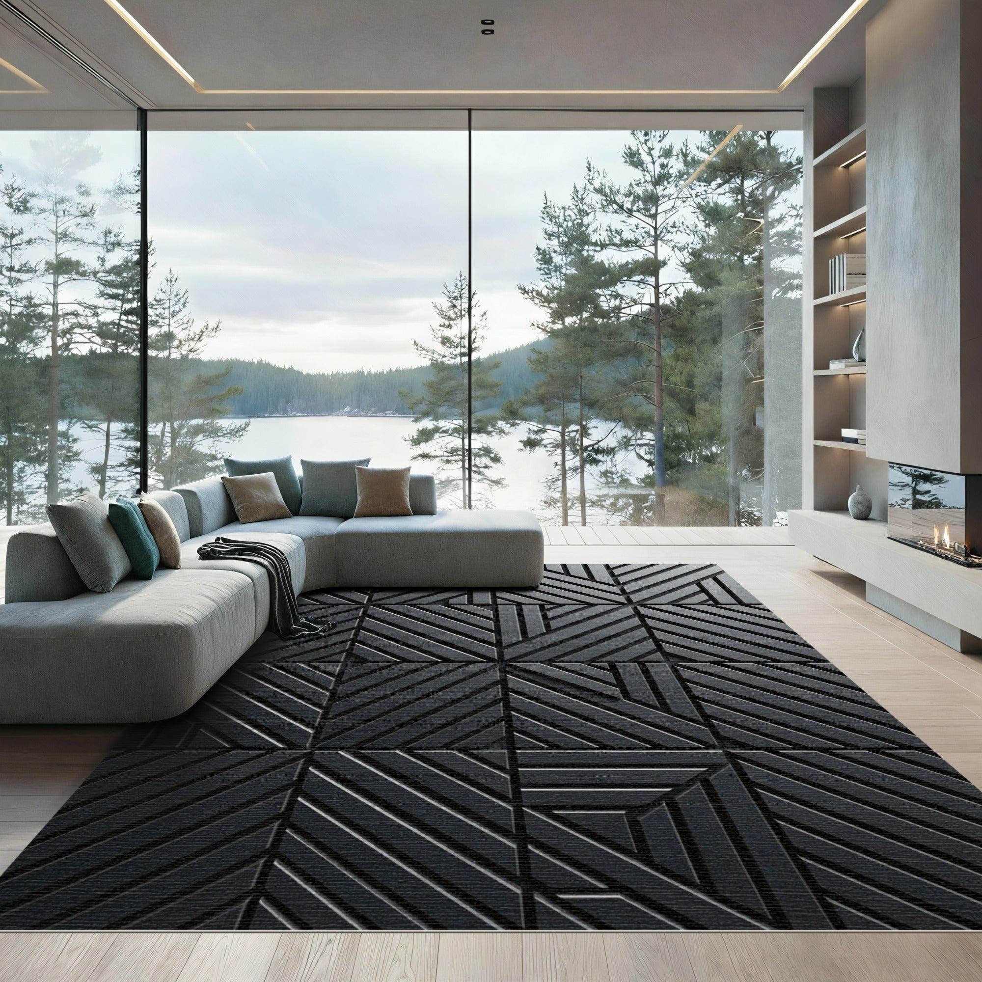 Contemporary Charcoal Linear Geometric Rug