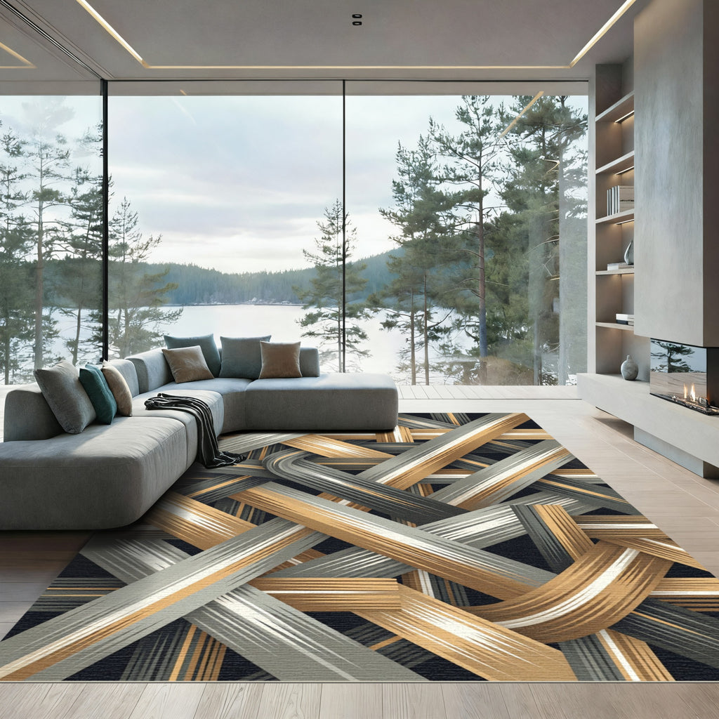 Gold and Gray Interwoven Ribbon Rug