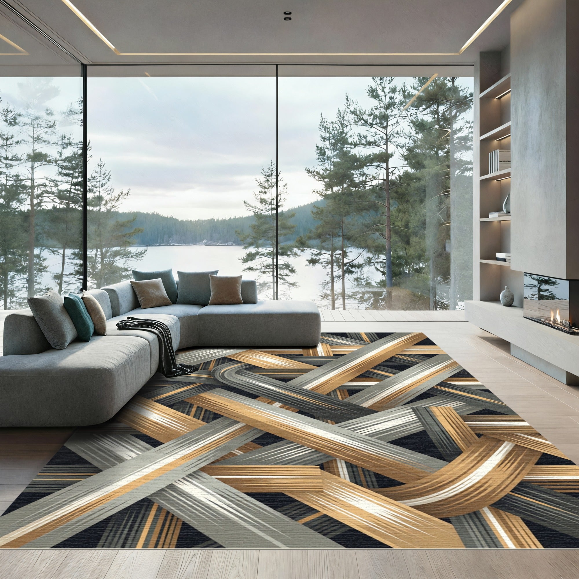 Gold and Gray Interwoven Ribbon Rug