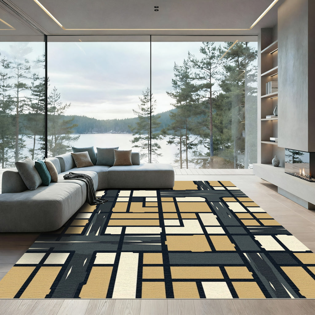 Deep Ochre Geometric Grid Rug