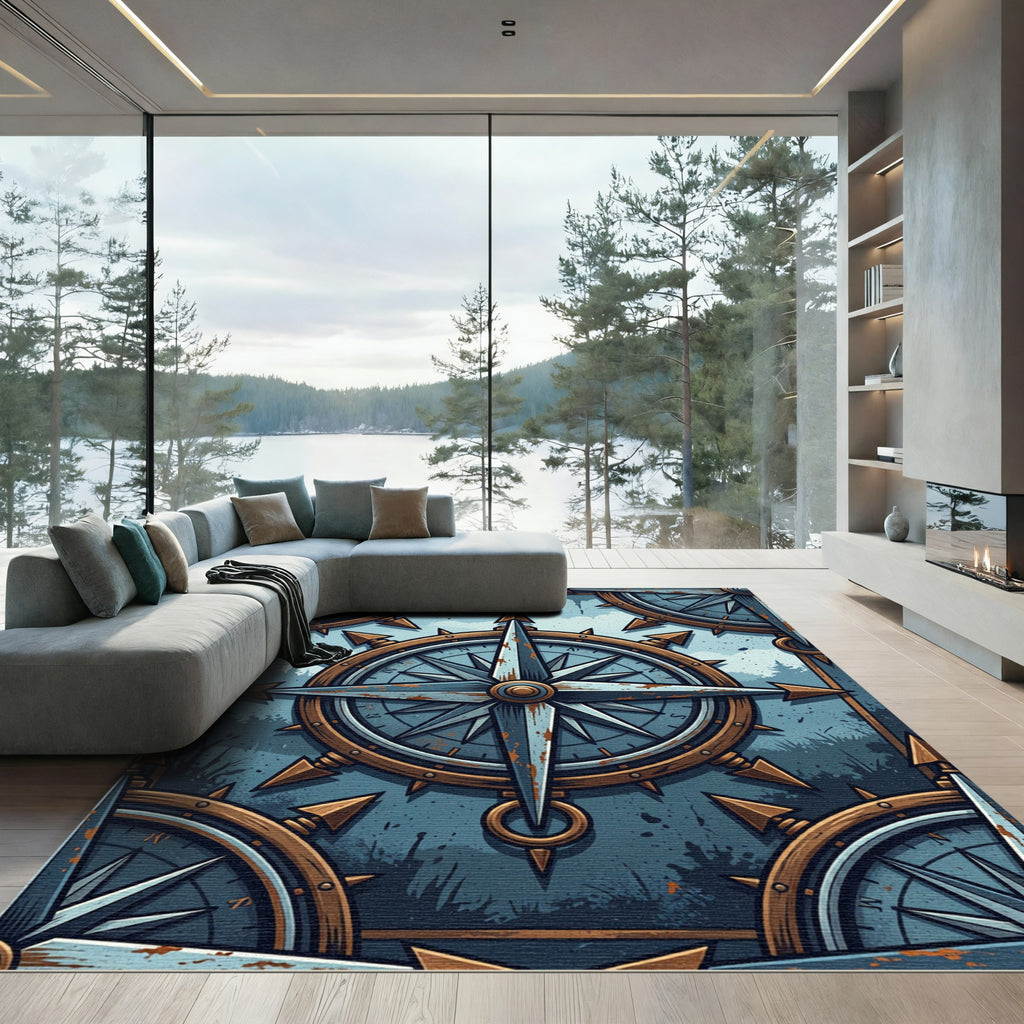 Rustic Weathered Blue Compass Nautical Art Rug