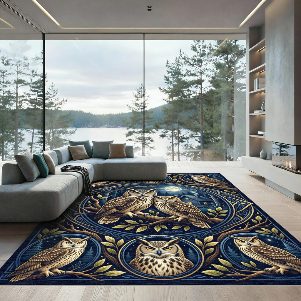 Midnight Blue Forest Owl Medallion Rug