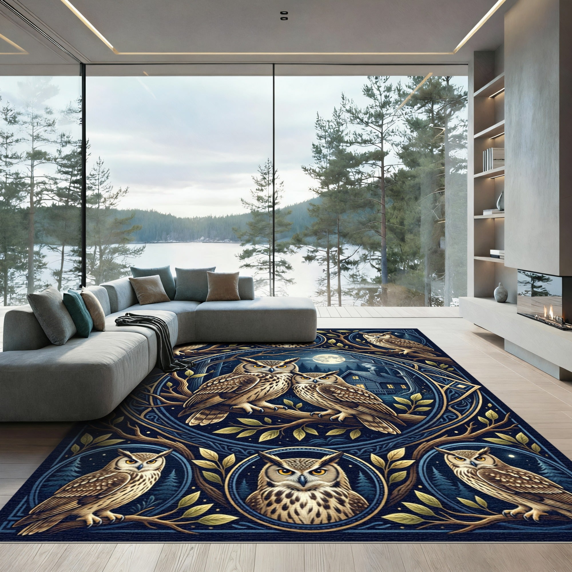 Midnight Blue Forest Owl Medallion Rug