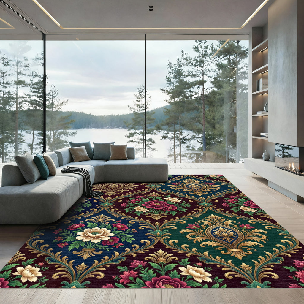 Ornate Jewel Tone Floral Damask Grid Rug