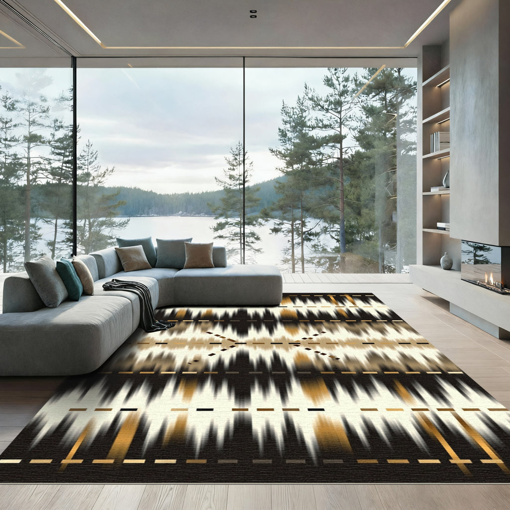 Golden Brown Abstract Ikat Stripes Rug