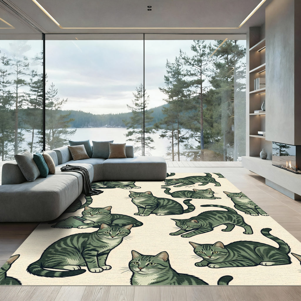 Whimsical Sage Green Tabby Cat Illustration Rug