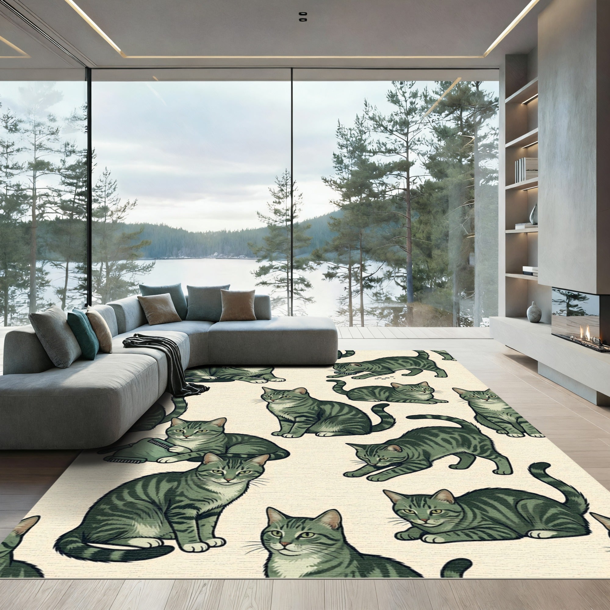 Whimsical Sage Green Tabby Cat Illustration Rug