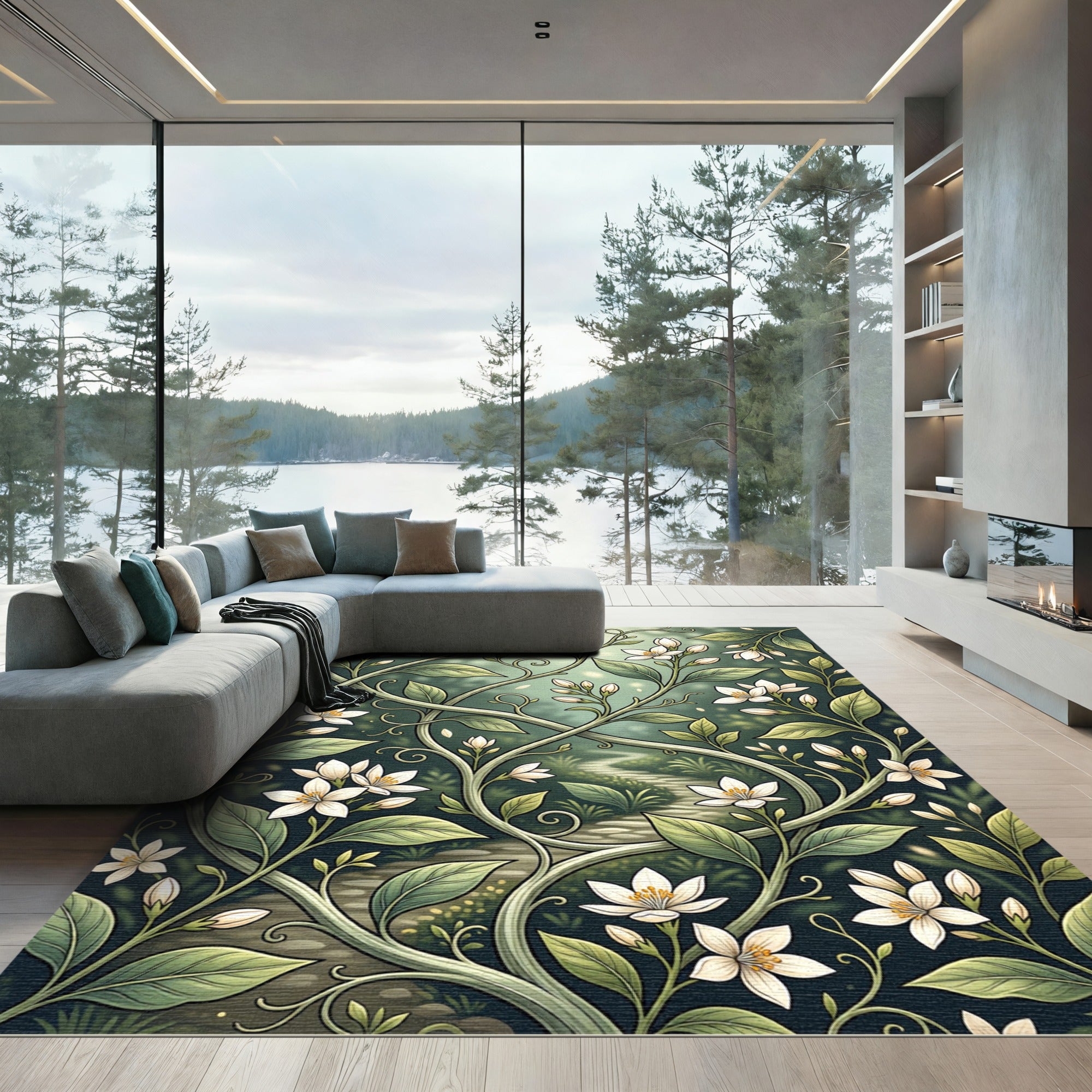 Elegant White Blossom Green Botanical Vine Rug