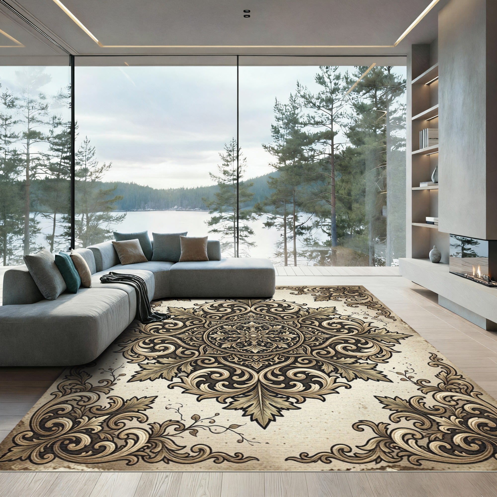 Vintage Ornate Damask Scroll Accent Rug