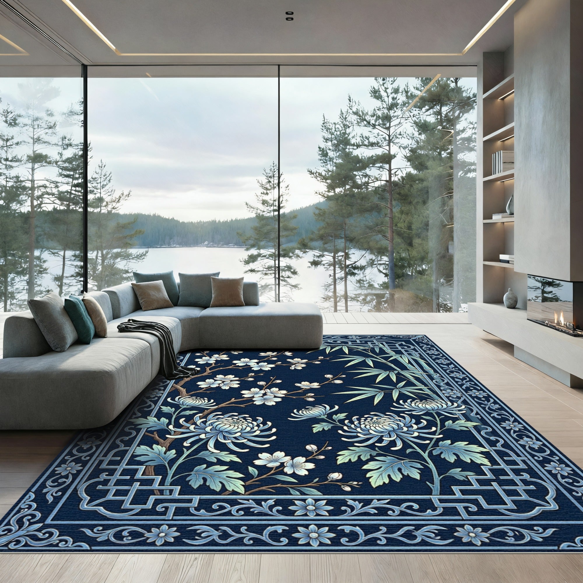 Chinoiserie Blue Botanical Bamboo Plum Blossom Rug
