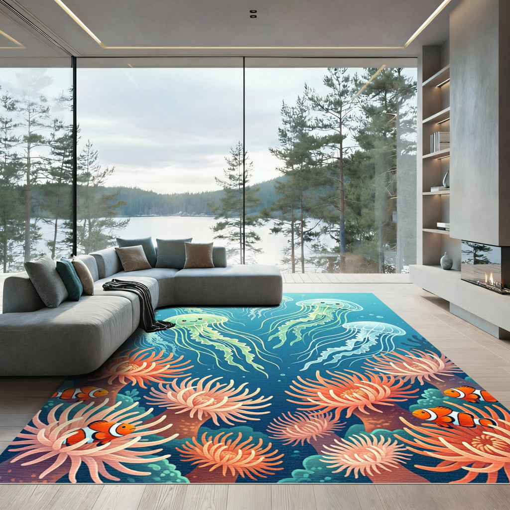 Whimsical Jellyfish and Coral Reef Scene Rug