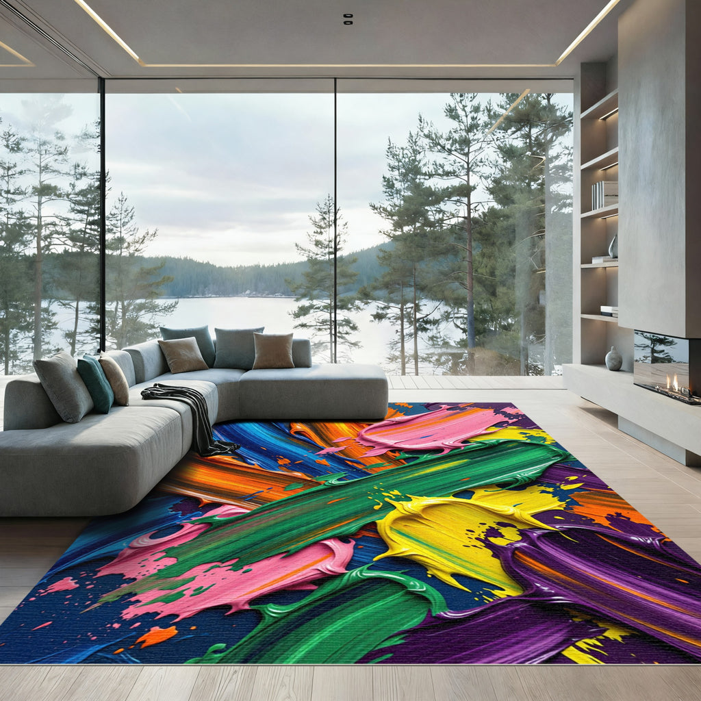 Vibrant Impasto Abstract Multi-Color Swirl Rug