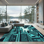 Futuristic Teal Geometric Skyscraper Skyline Rug