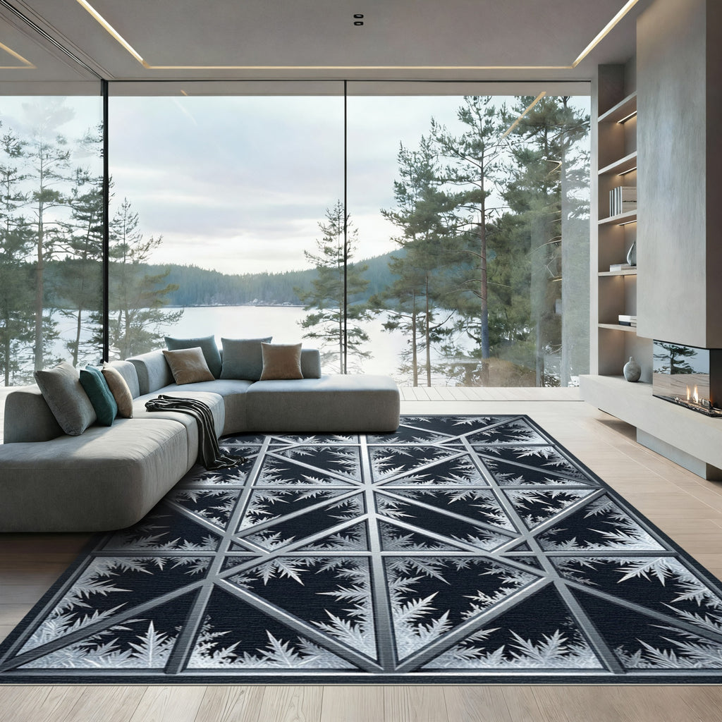 Frosty Monochrome Geometric Snowflake Lattice Rug