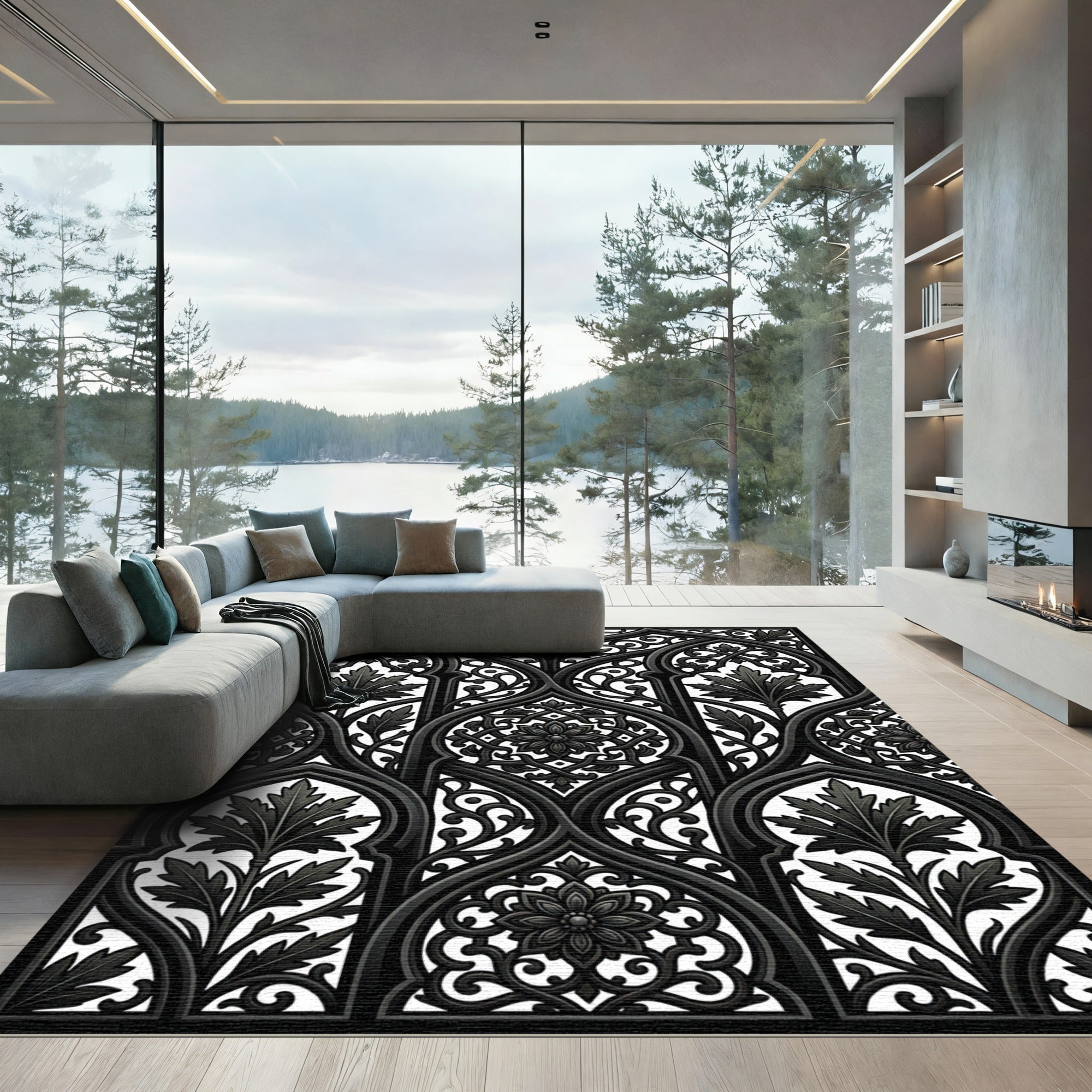 Ornate Charcoal Gothic Arch Filigree Rug