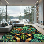 Teal Rose and Green Chrysanthemum Bouquet Rug