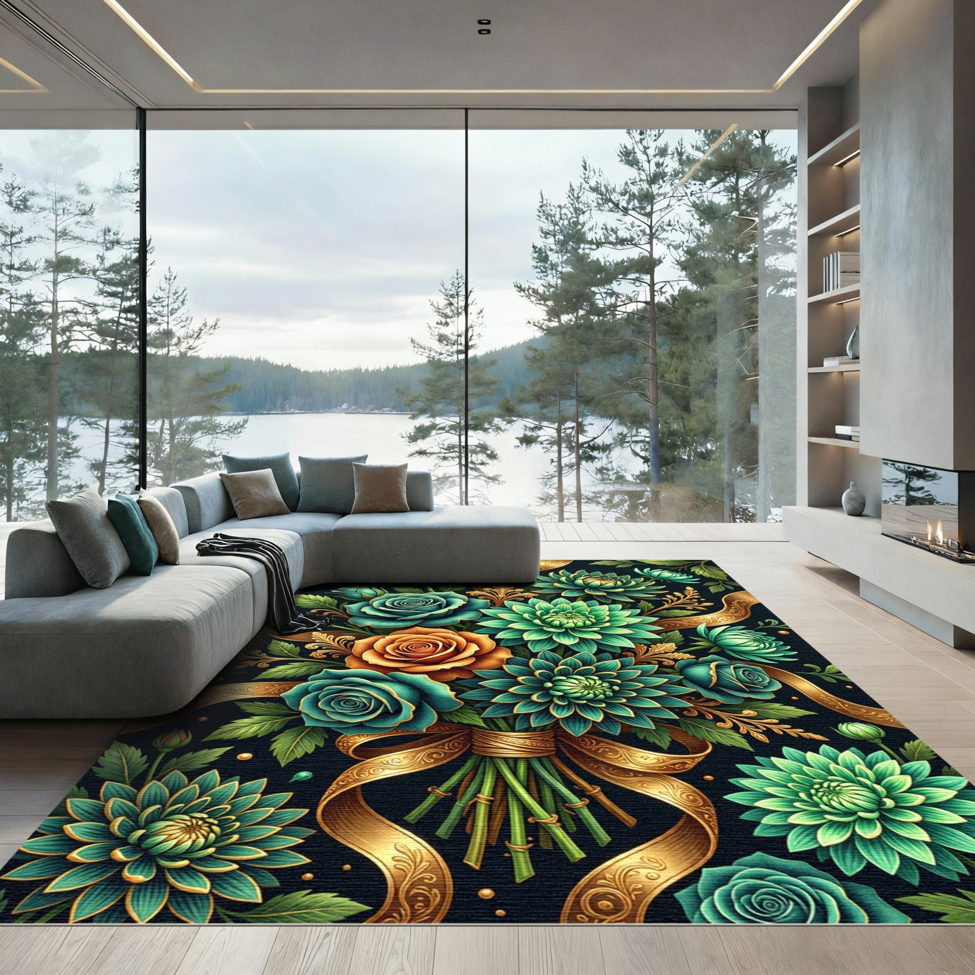 Teal Rose and Green Chrysanthemum Bouquet Rug