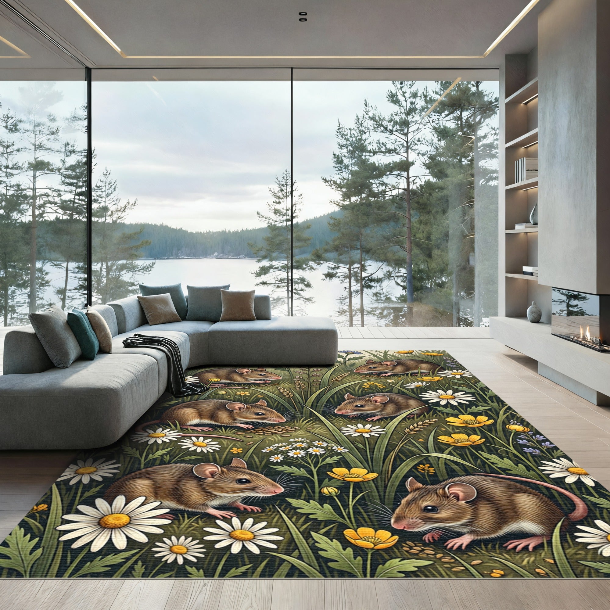 Whimsical Woodland Mouse Floral Meadow Rug