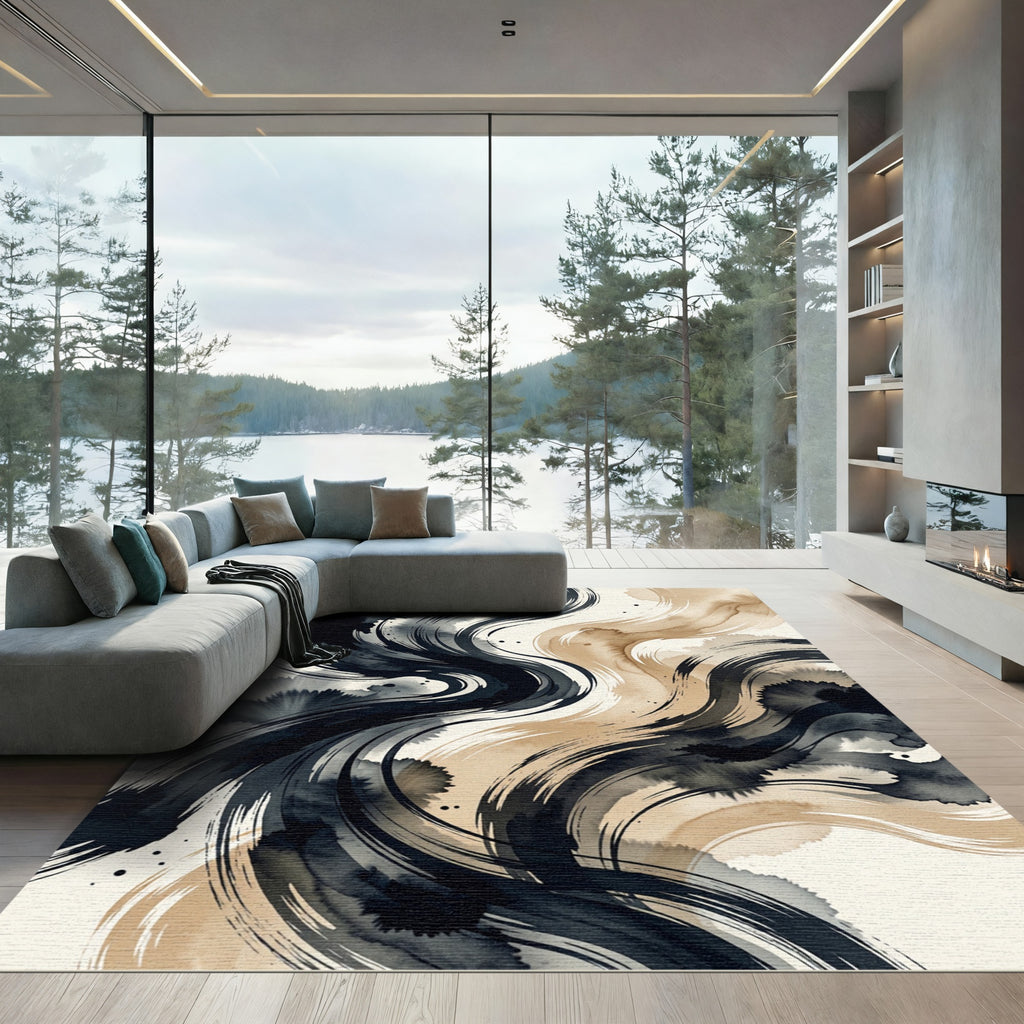 Abstract Charcoal and Bronze Fluid Swirl Rug