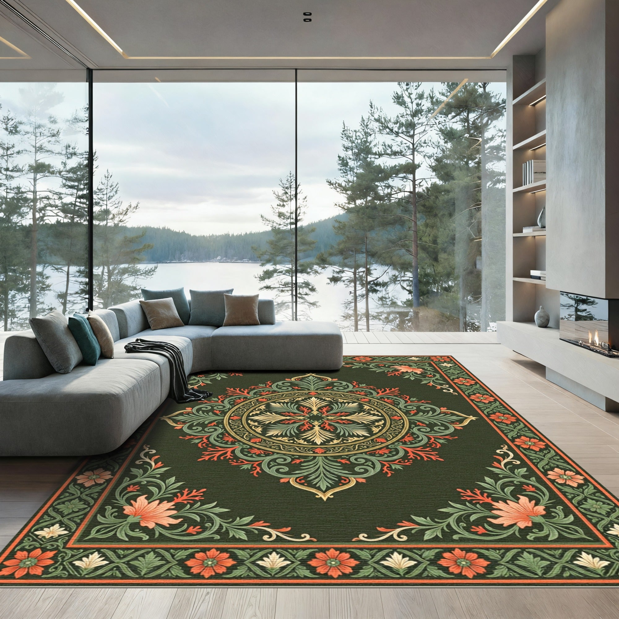 Ornate Botanical Medallion Sage Gold Flourish Rug