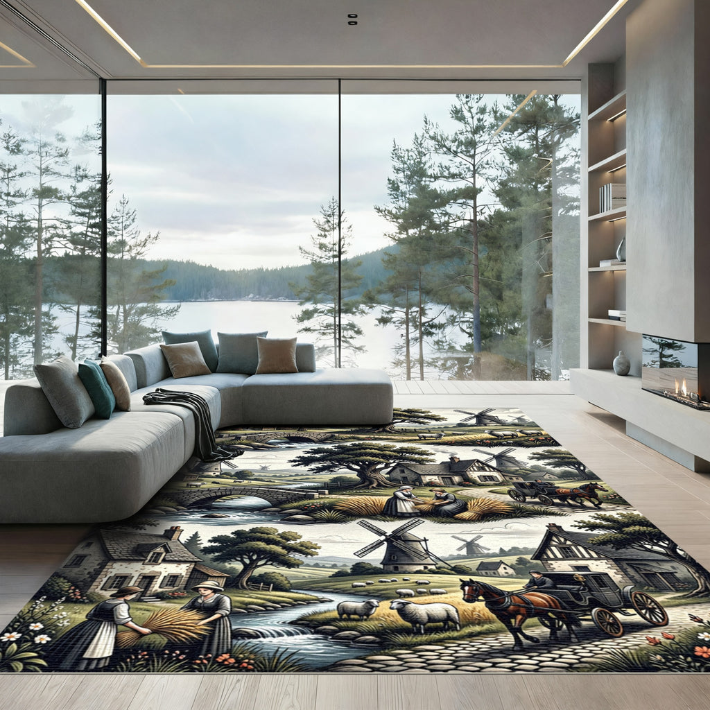 Vintage Farmhouse Scenic Pastoral Village Rug