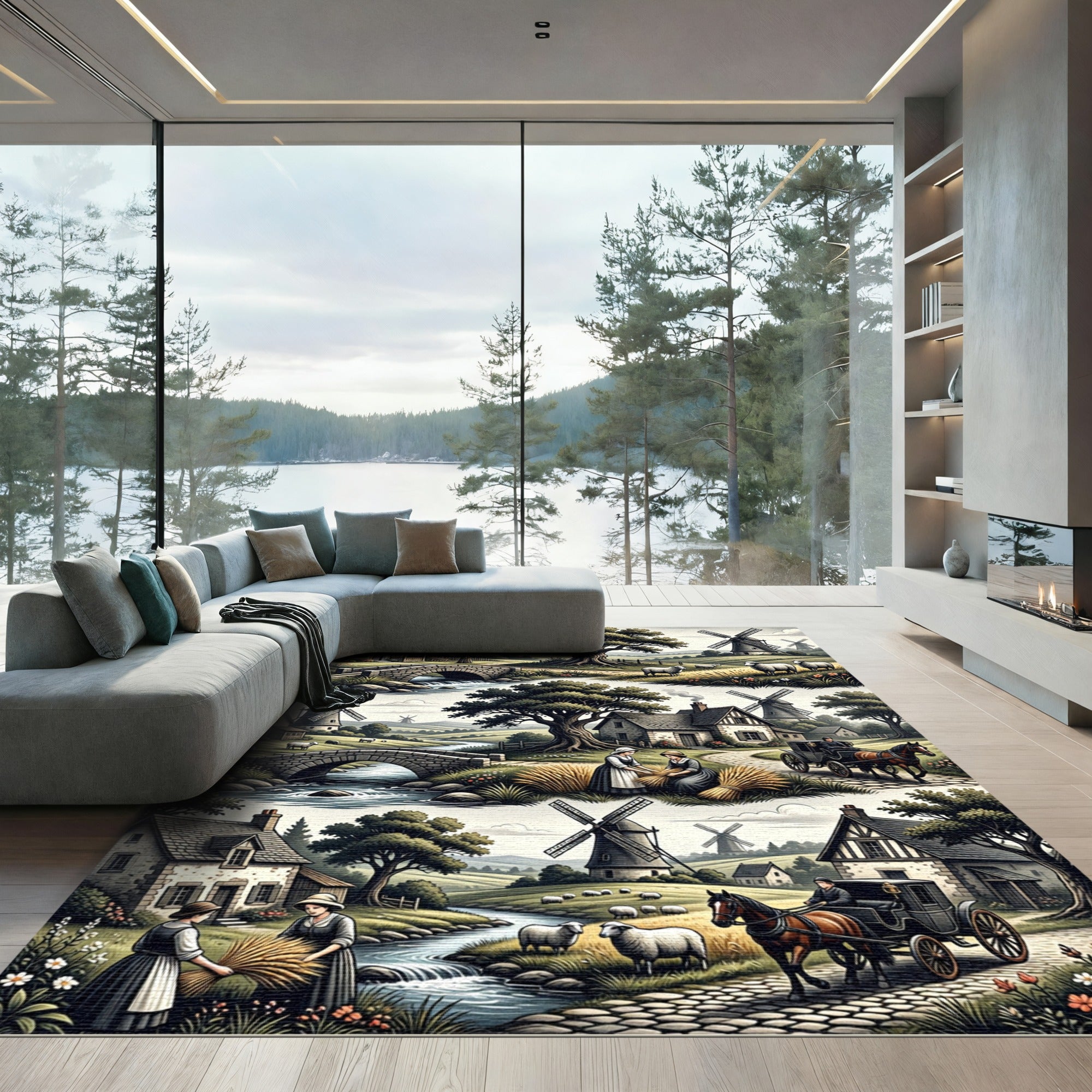 Vintage Farmhouse Scenic Pastoral Village Rug