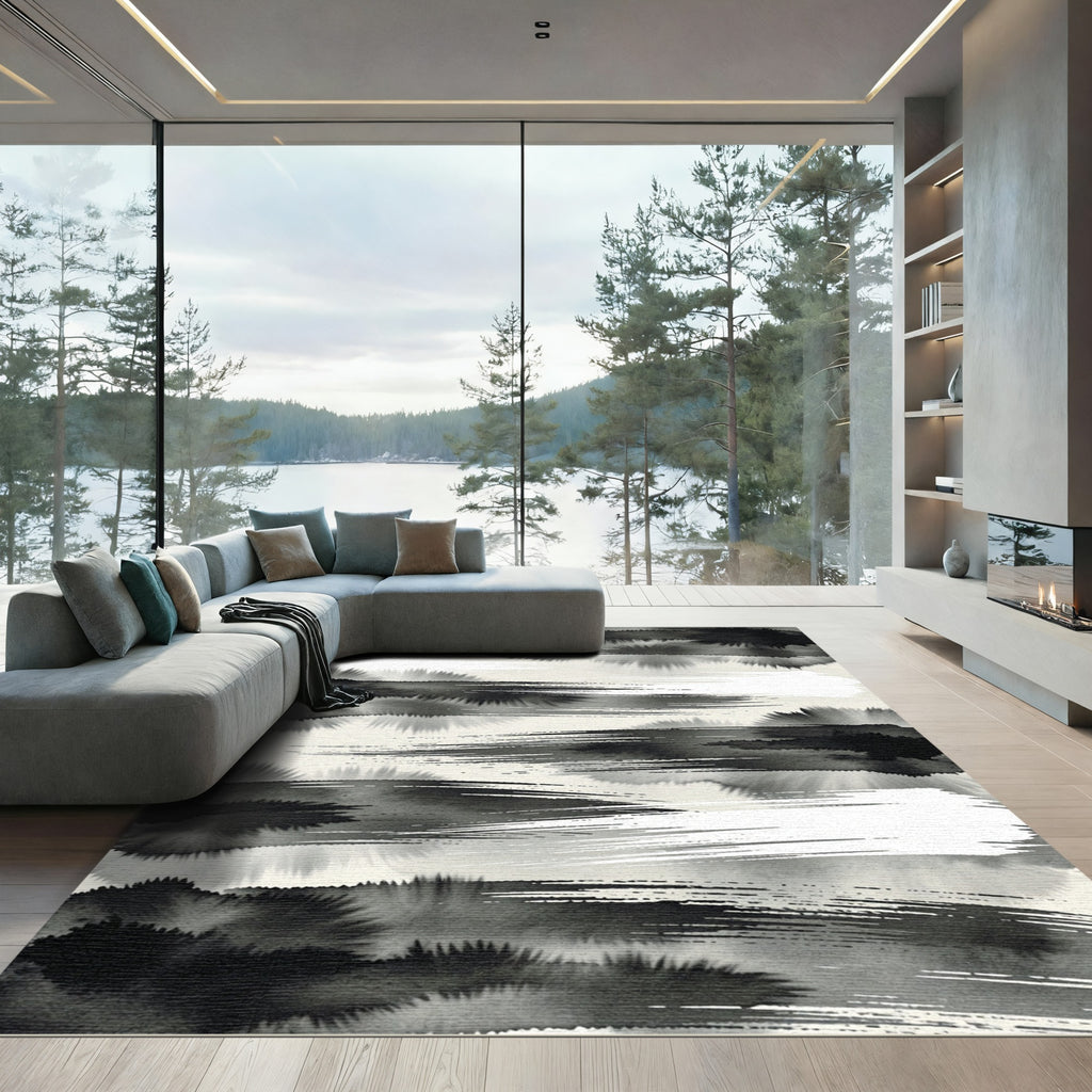 Monochrome Ink Brush Strokes Rug