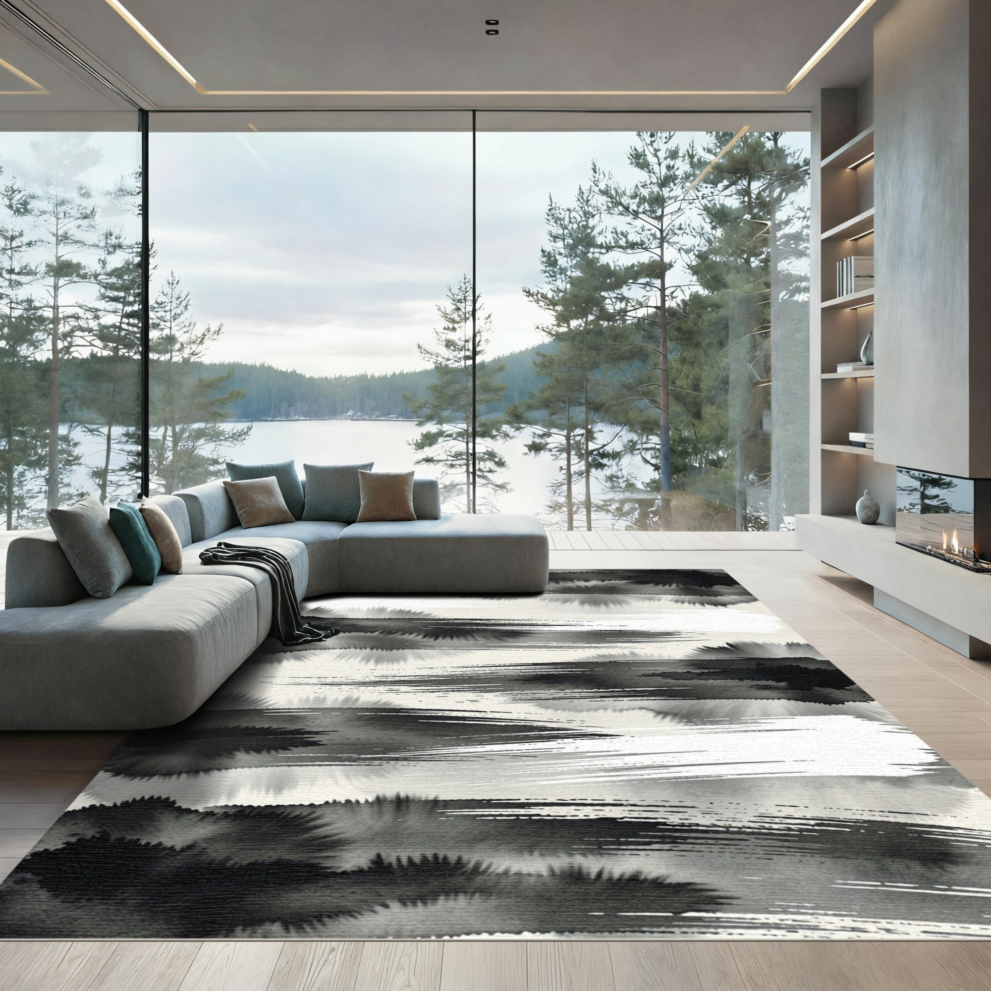 Monochrome Ink Brush Strokes Rug