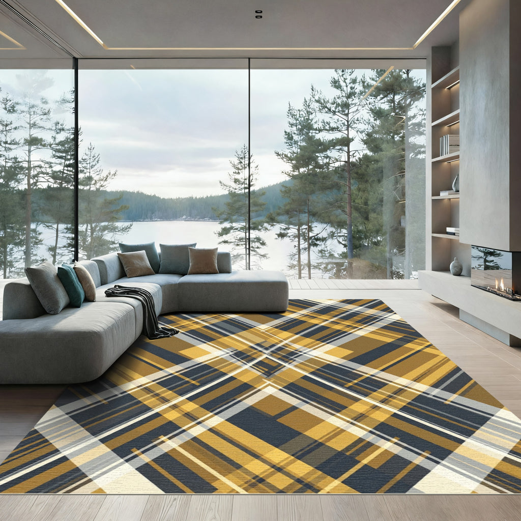 Golden Ochre Navy Diagonal Plaid Rug