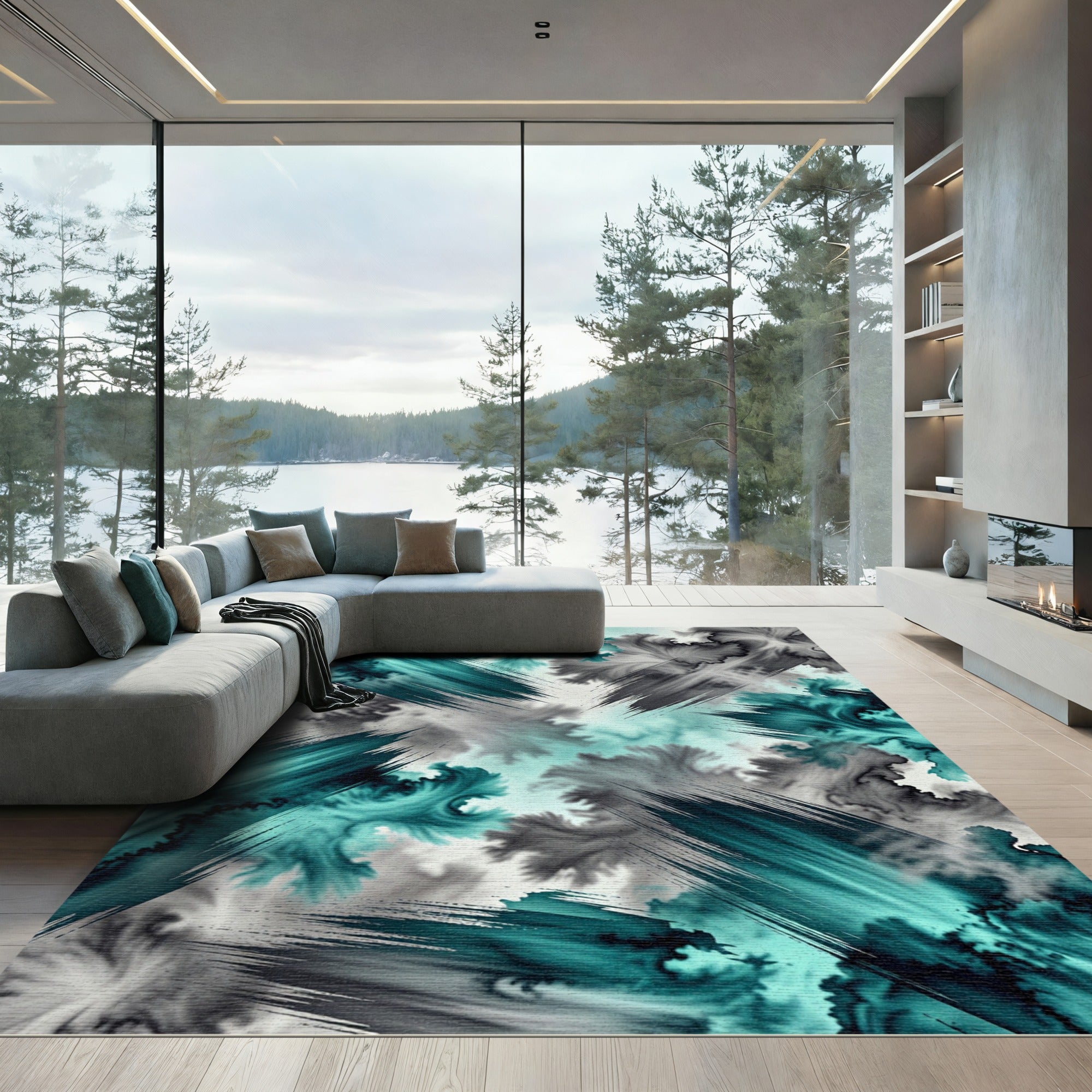 Teal Gray Ink Splash Swirl Rug