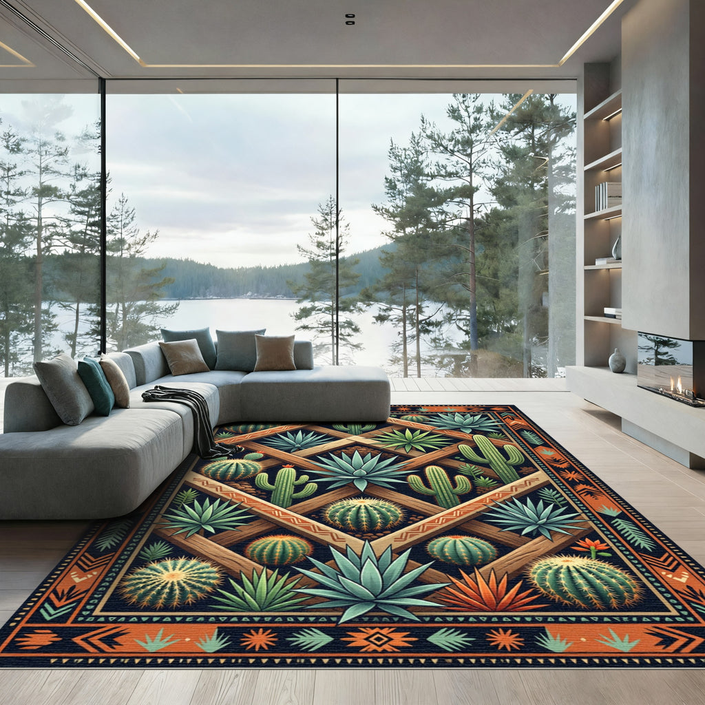 Southwestern Succulent Cactus Geometric Grid Rug