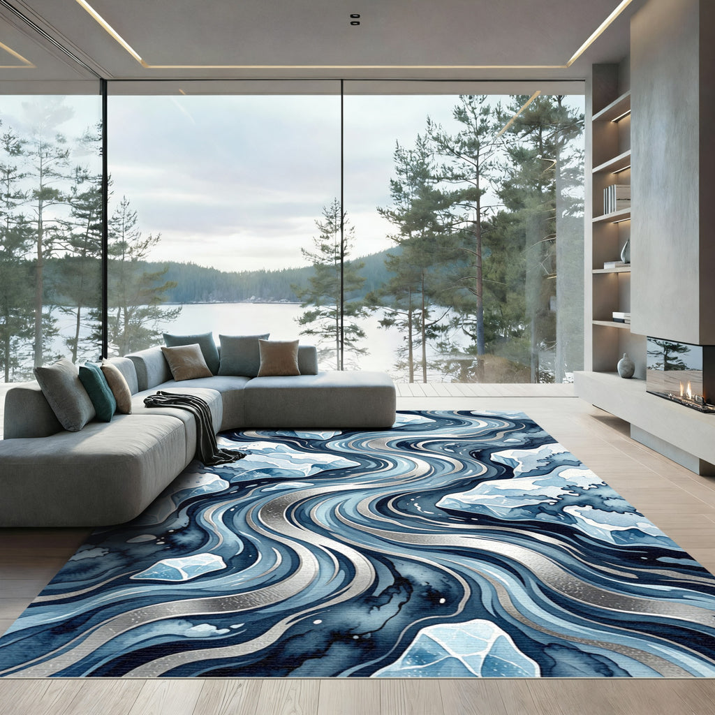 Abstract Blue Ice River Flow Rug