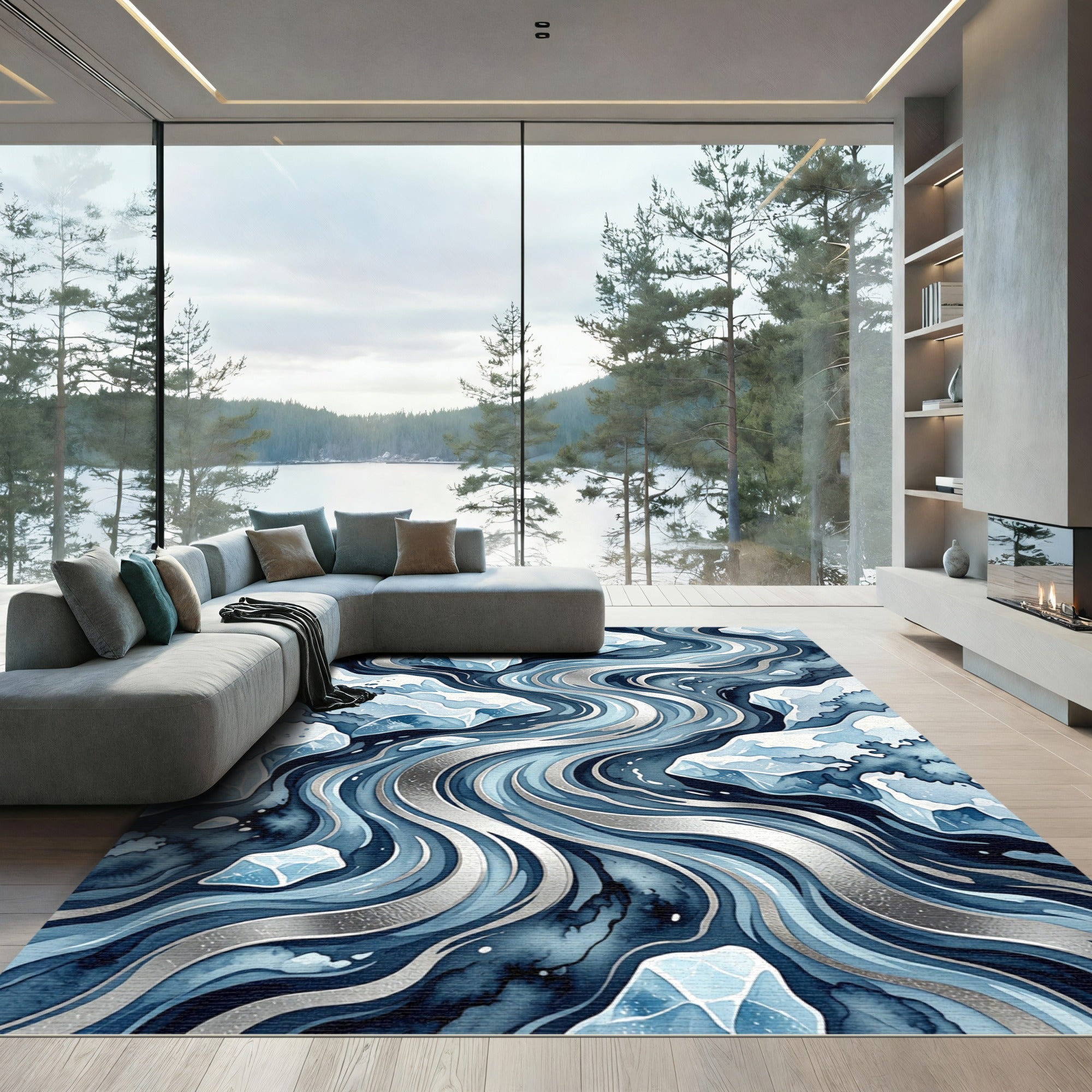 Abstract Blue Ice River Flow Rug