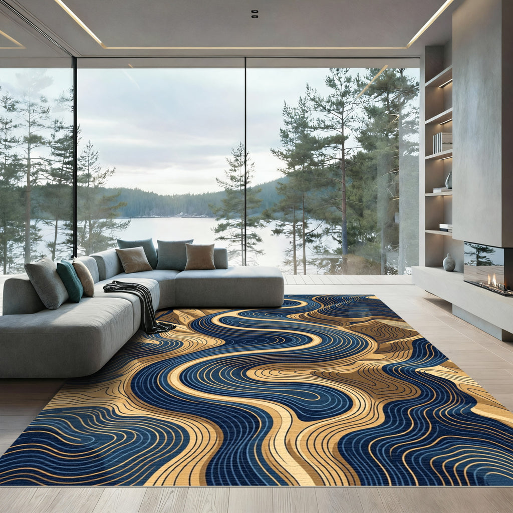 Modern Abstract Navy and Gold Swirl Rug