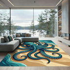 Deep Teal Coastal Octopus Shore Artwork Rug