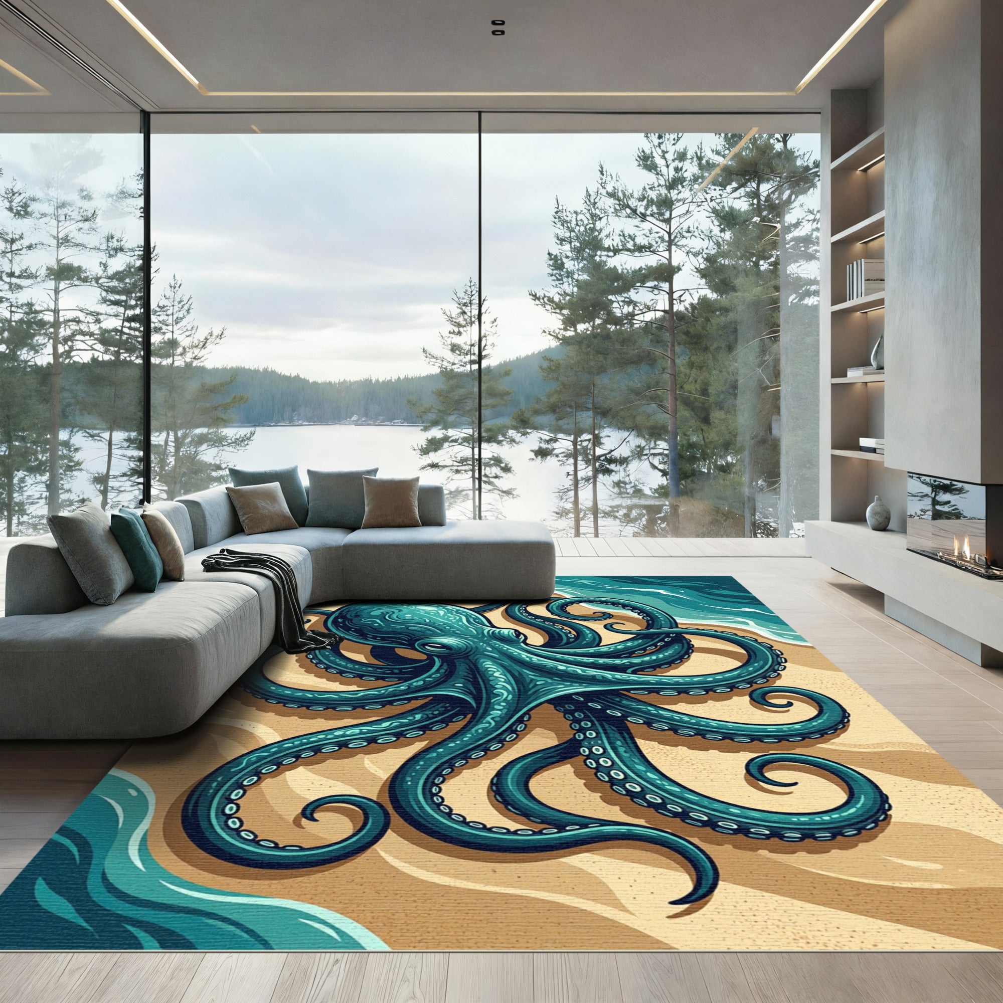 Deep Teal Coastal Octopus Shore Artwork Rug