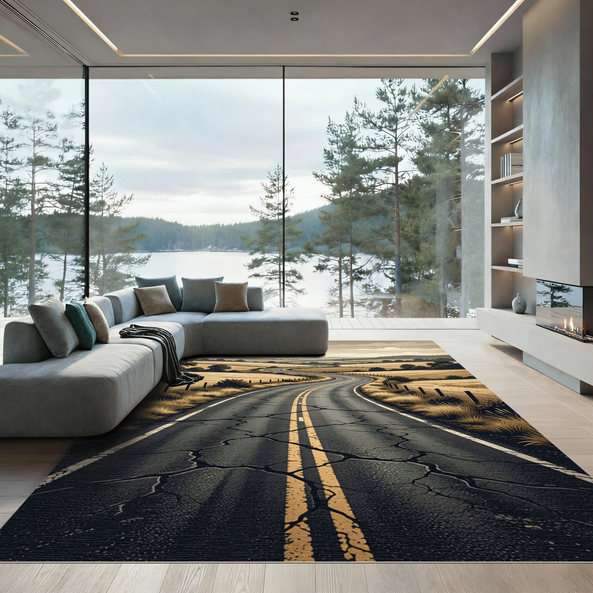 Winding Country Road Scenic Horizon Rug